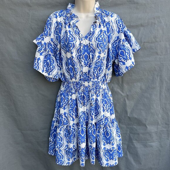 entro Dresses & Skirts - ENTRO Blue White Mini Dress Tiered Spring Easter Short Sleeve Sz M Vacation